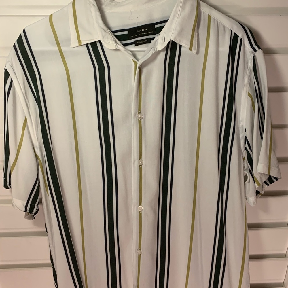 Zara Green Stripe Short Sleeve Button Up